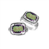 Handmade sterling silver Balinese ring with cushion-cut Mystic Quartz in shifting Green and Purple hues.